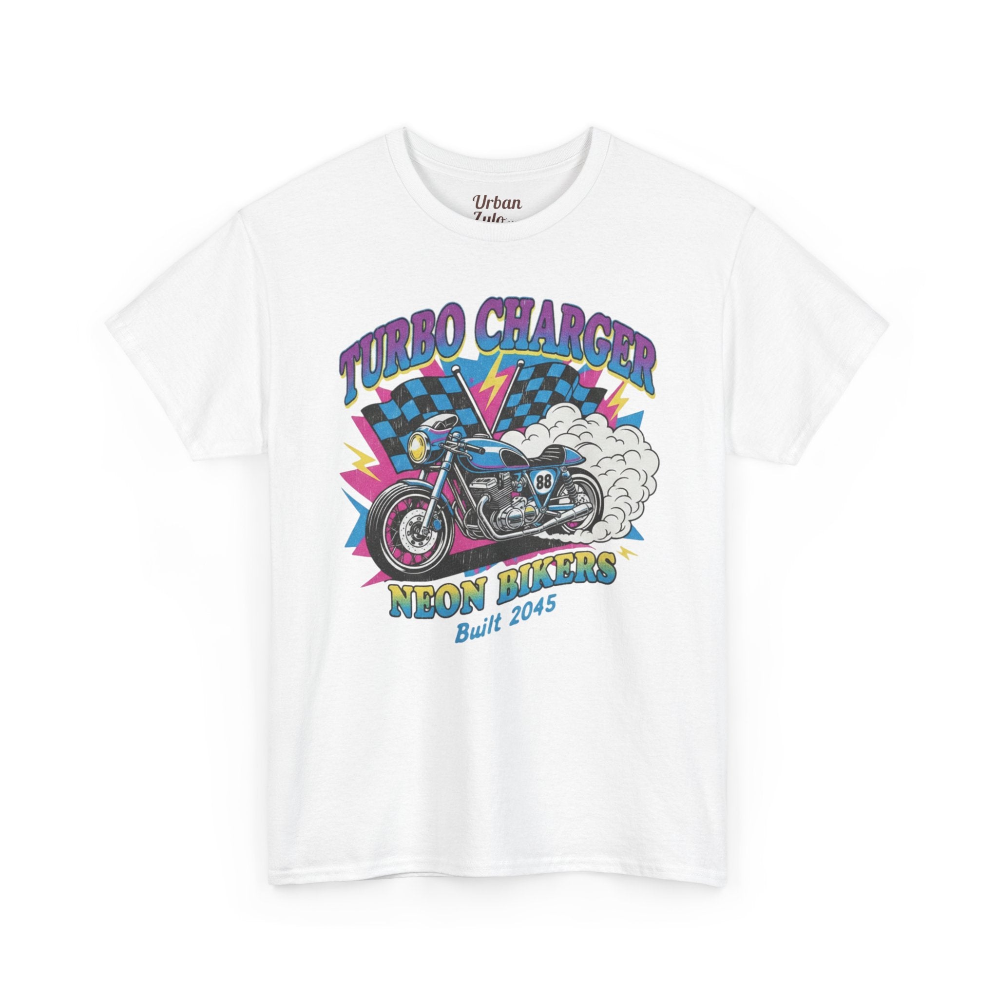 White t-shirt with a colorful graphic of a motorcycle and text on a white background