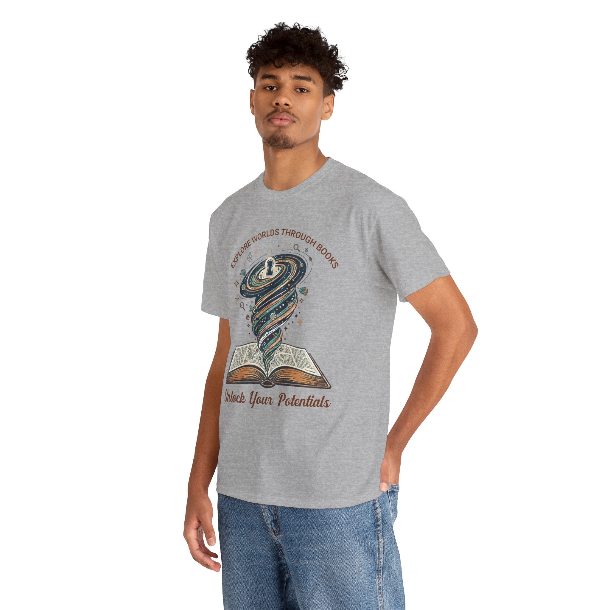 Explore Worlds Through Books T-Shirt — "Unlock Your Potentials" Literary Graphic Tee