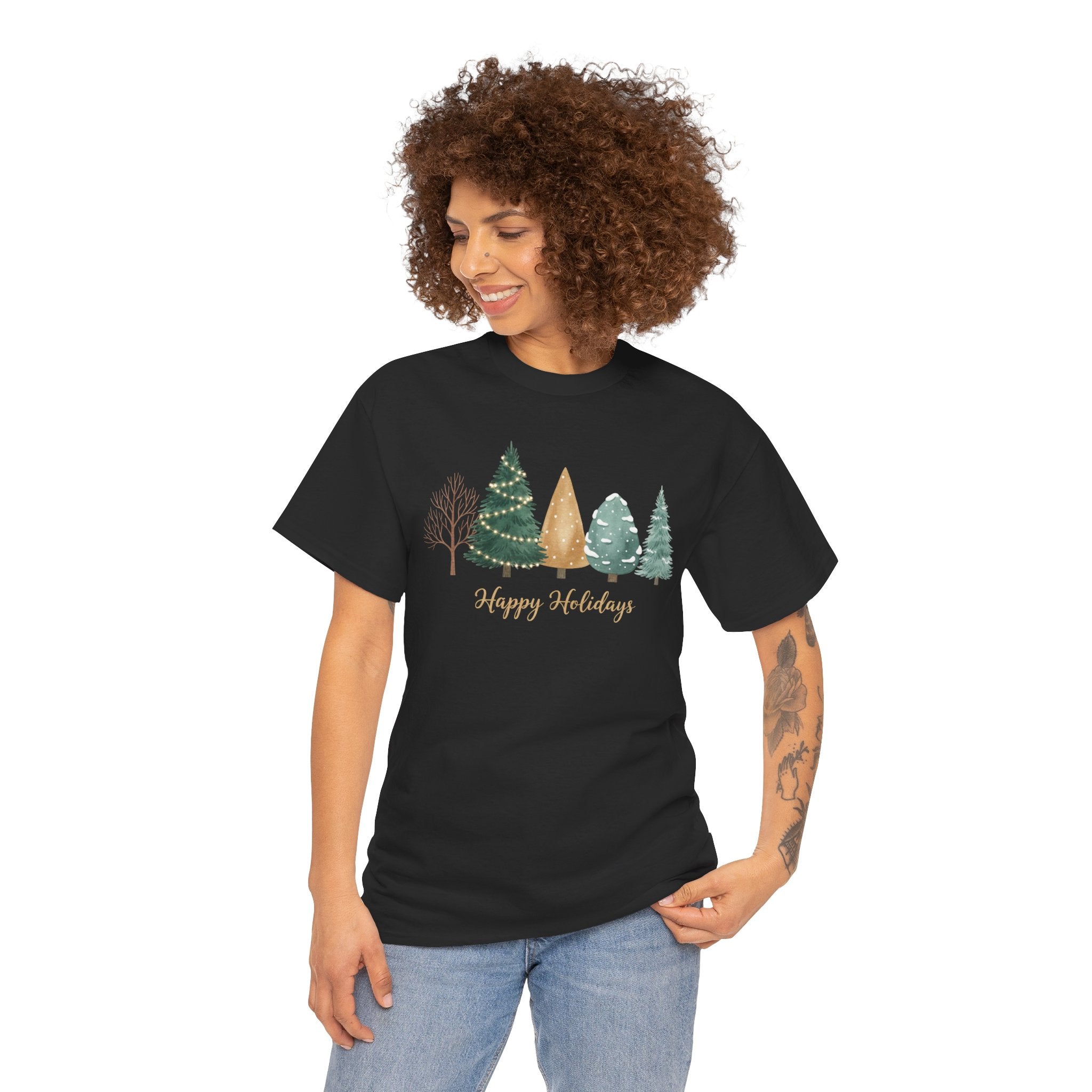 Holiday Trees T-Shirt — "Happy Holidays" Rustic Pine Forest Tee