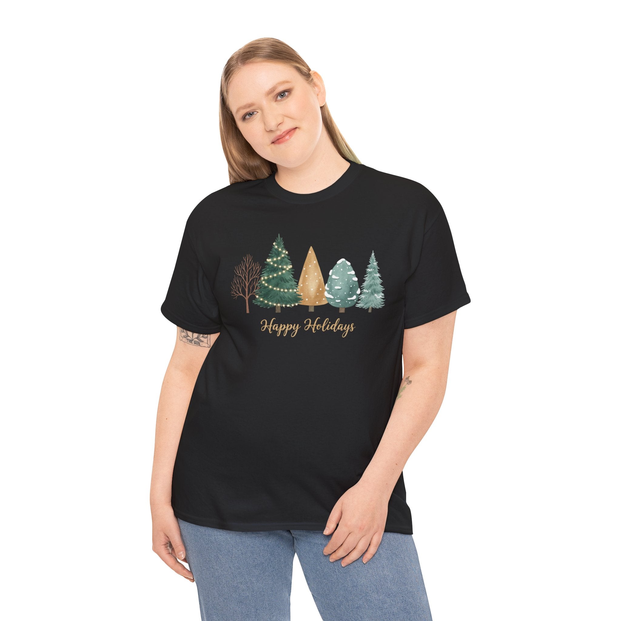 Holiday Trees T-Shirt — "Happy Holidays" Rustic Pine Forest Tee
