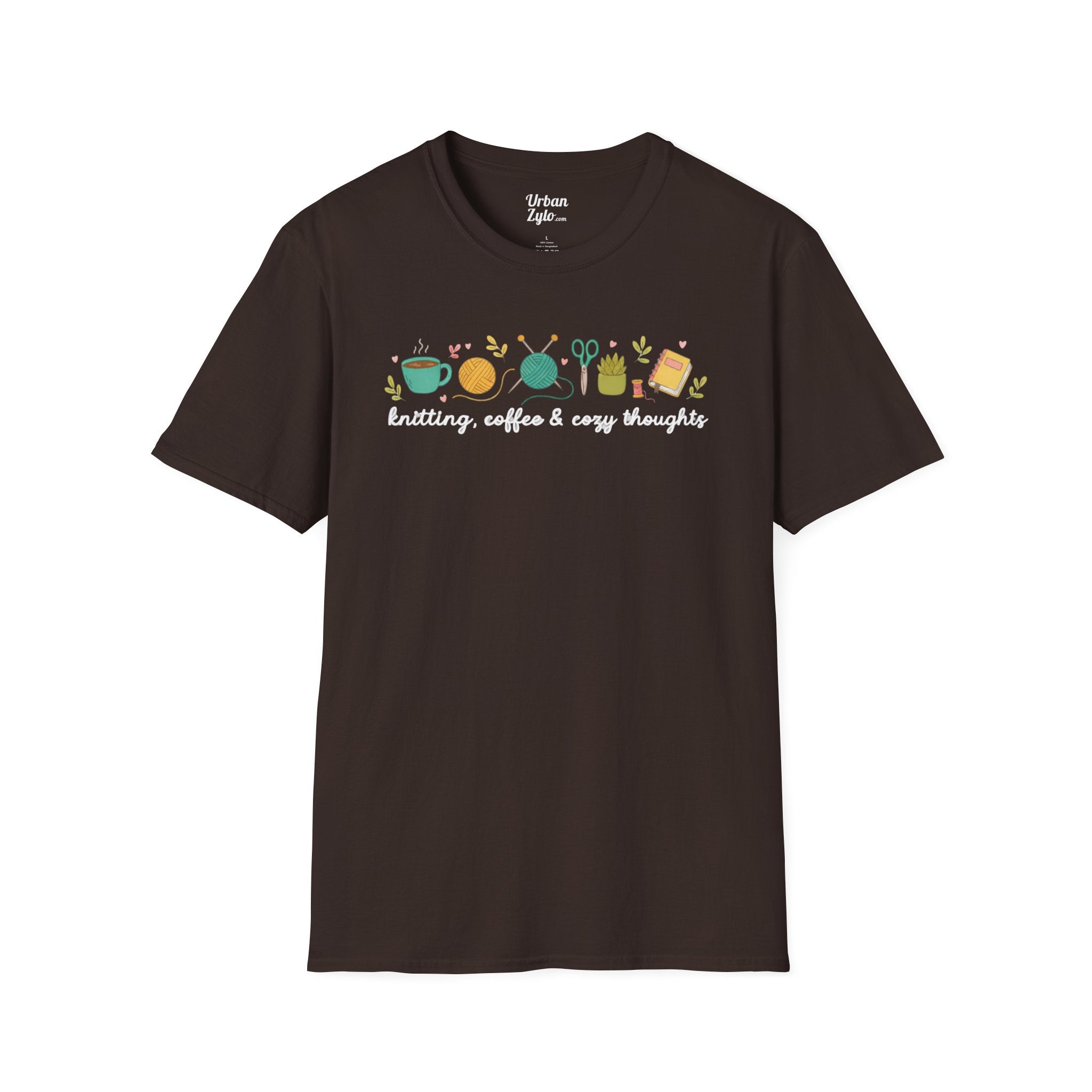 Knitting, Coffee & Cozy Thoughts T-Shirt — Cute Knitter Graphic Tee