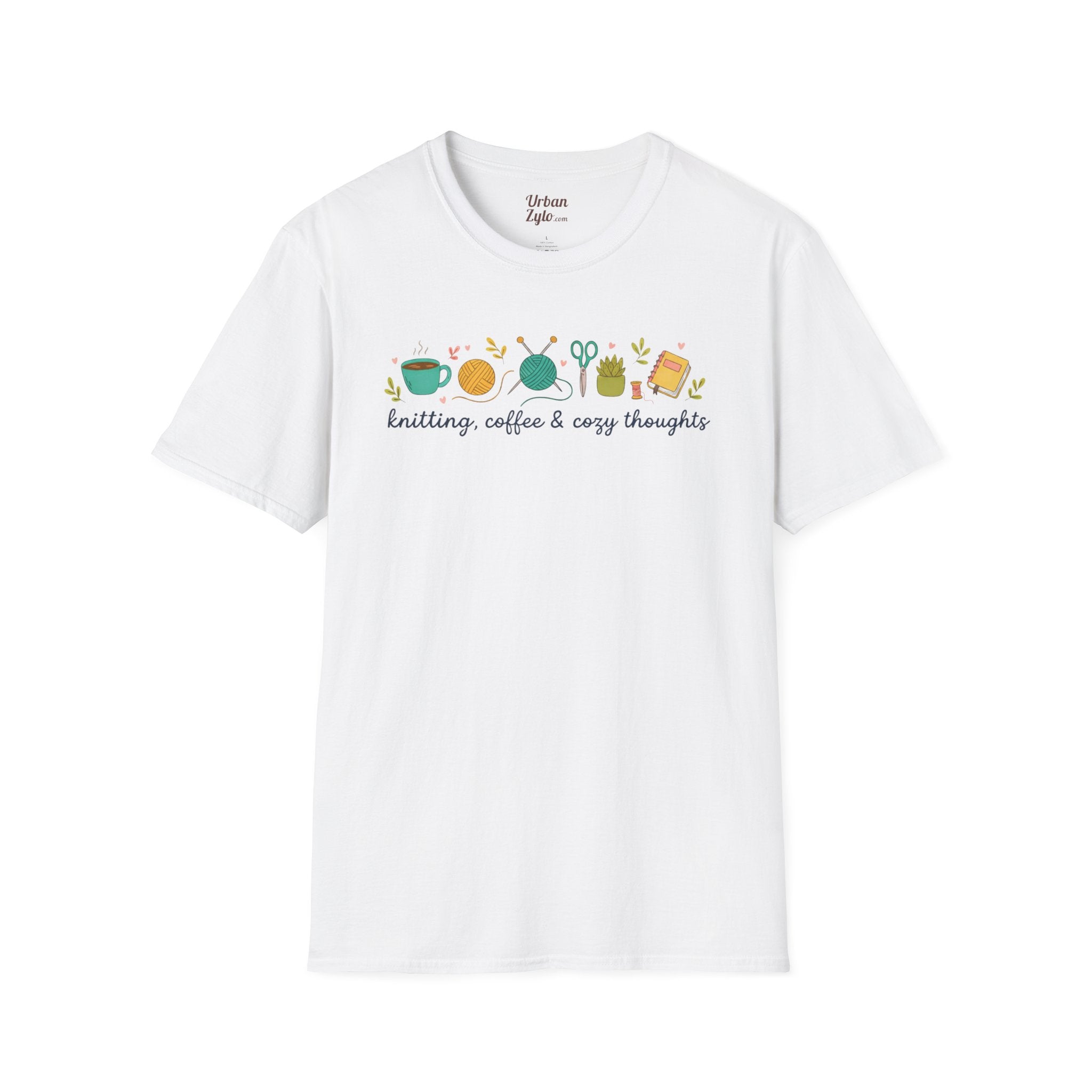 Knitting, Coffee & Cozy Thoughts T-Shirt — Cute Knitter Graphic Tee