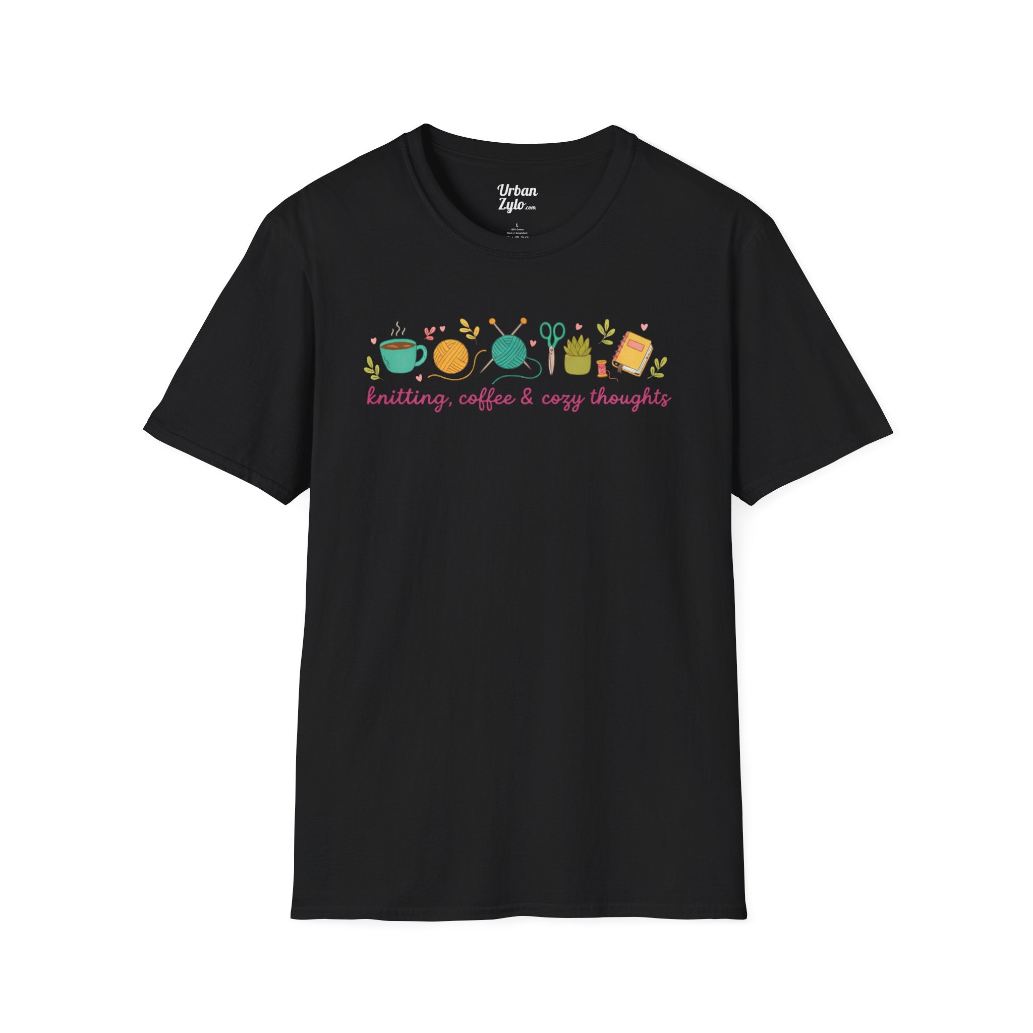 Knitting, Coffee & Cozy Thoughts T-Shirt — Cute Knitter Graphic Tee