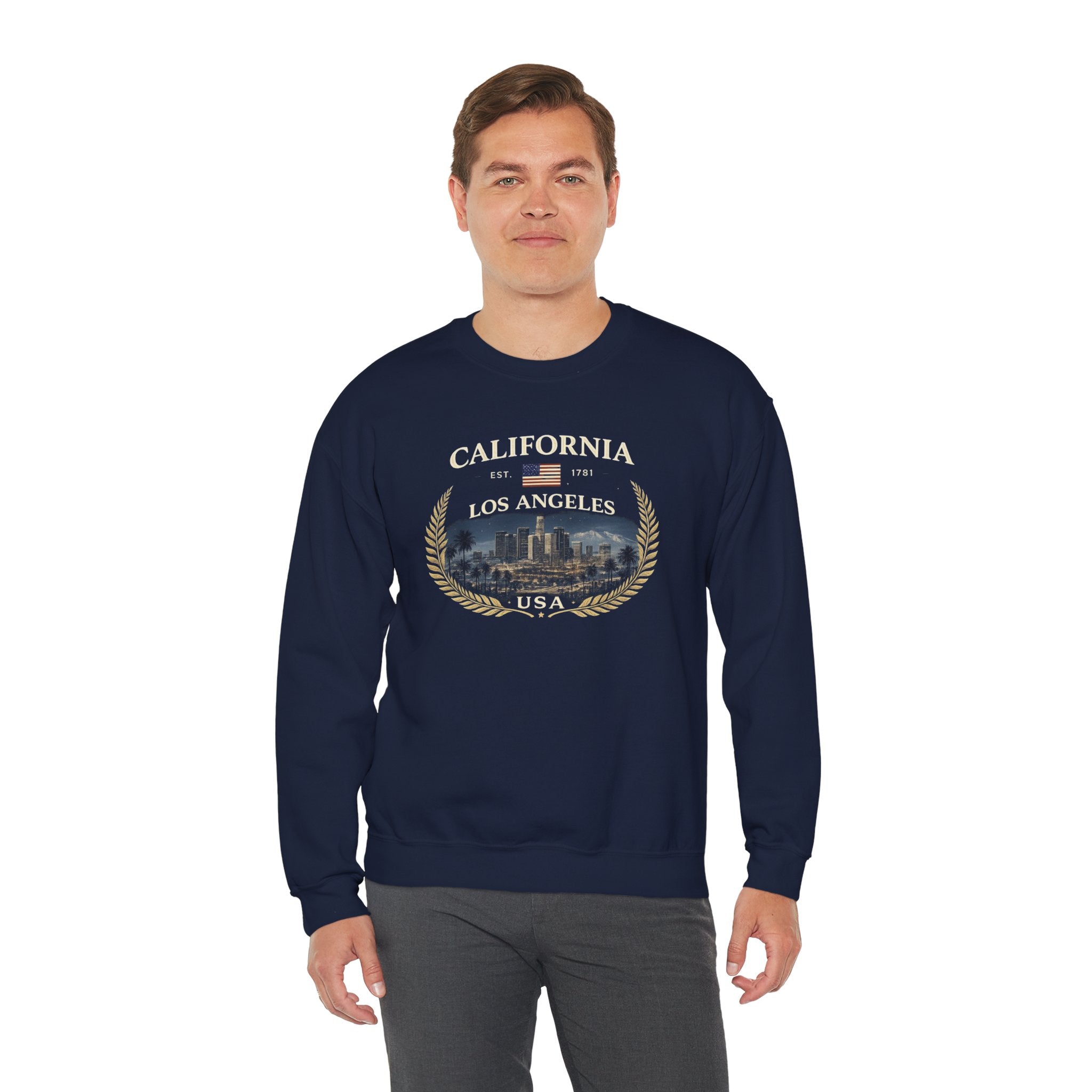 California Los Angeles Crewneck Sweatshirt — Vintage Cityscape & Laurel Crest