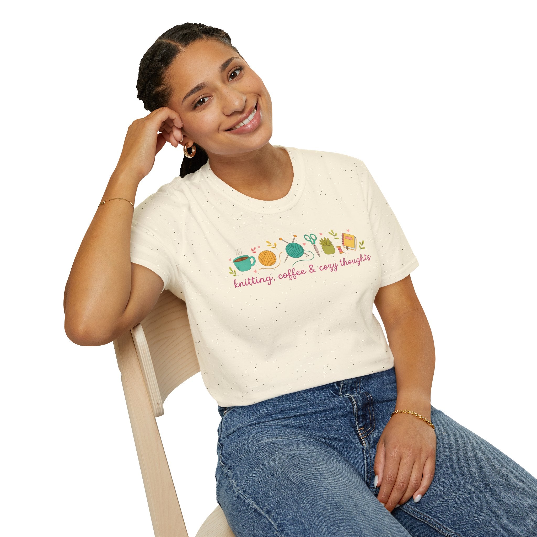 Knitting, Coffee & Cozy Thoughts T-Shirt — Cute Knitter Graphic Tee