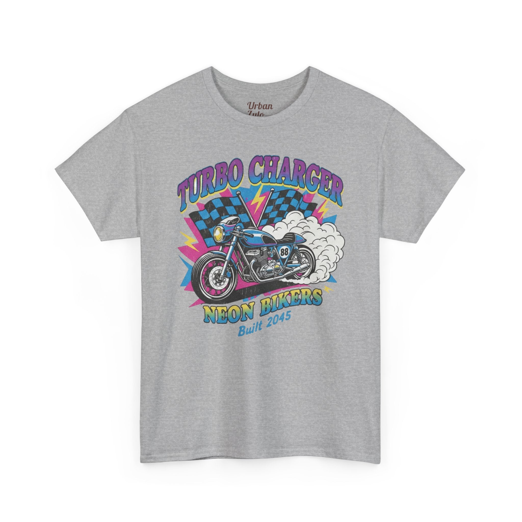 Grey t-shirt with a colorful graphic of a motorcycle and text on a white background