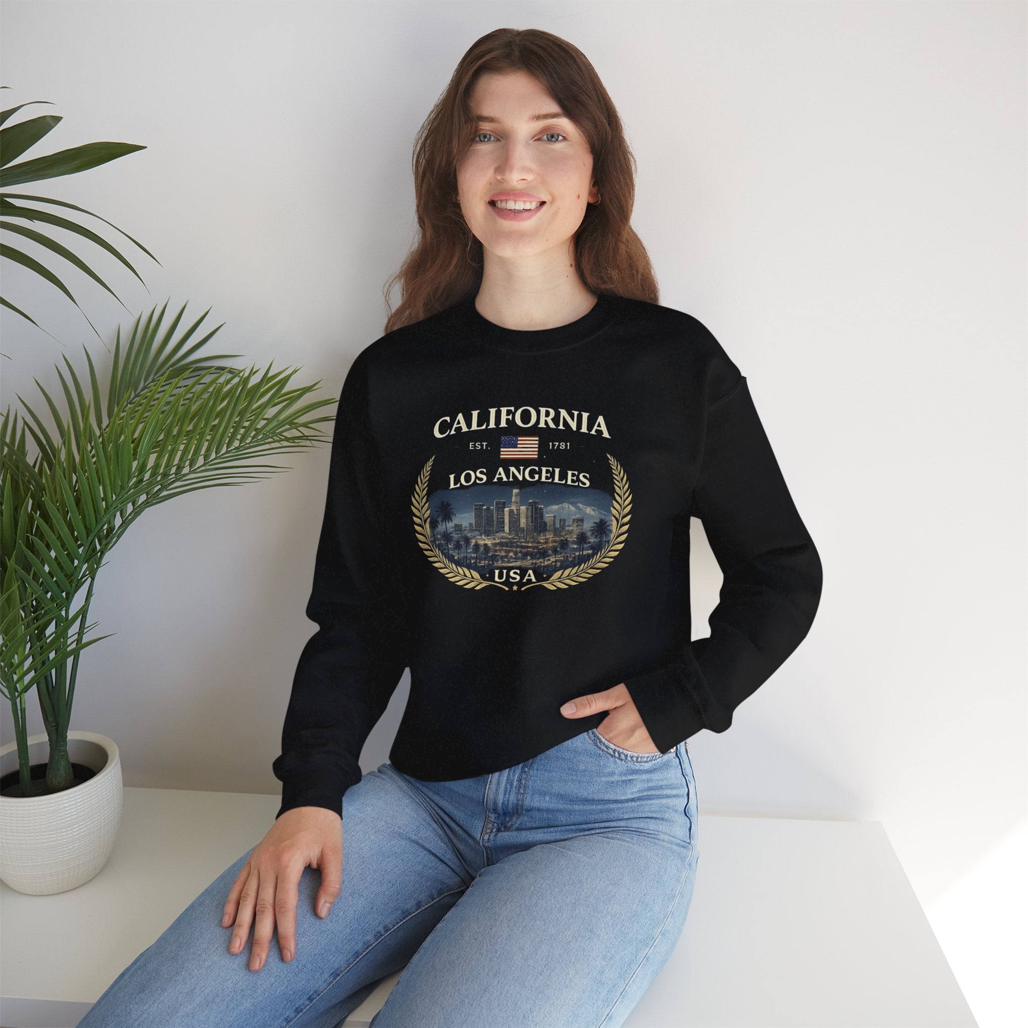 California Los Angeles Crewneck Sweatshirt — Vintage Cityscape & Laurel Crest